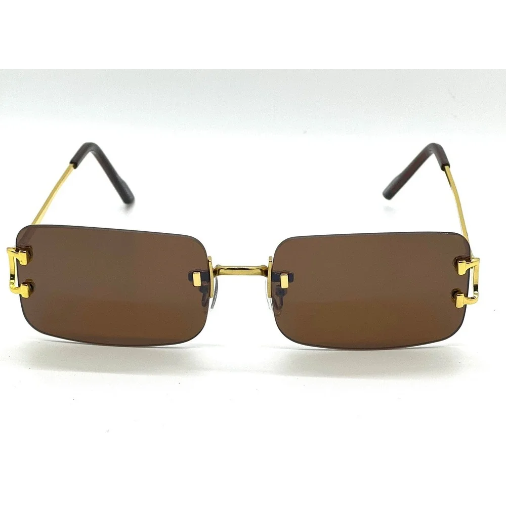 Men Sunglasses Dark Brown Lens Gold Accents Rectangle Frame Men's Fashion Trendy
